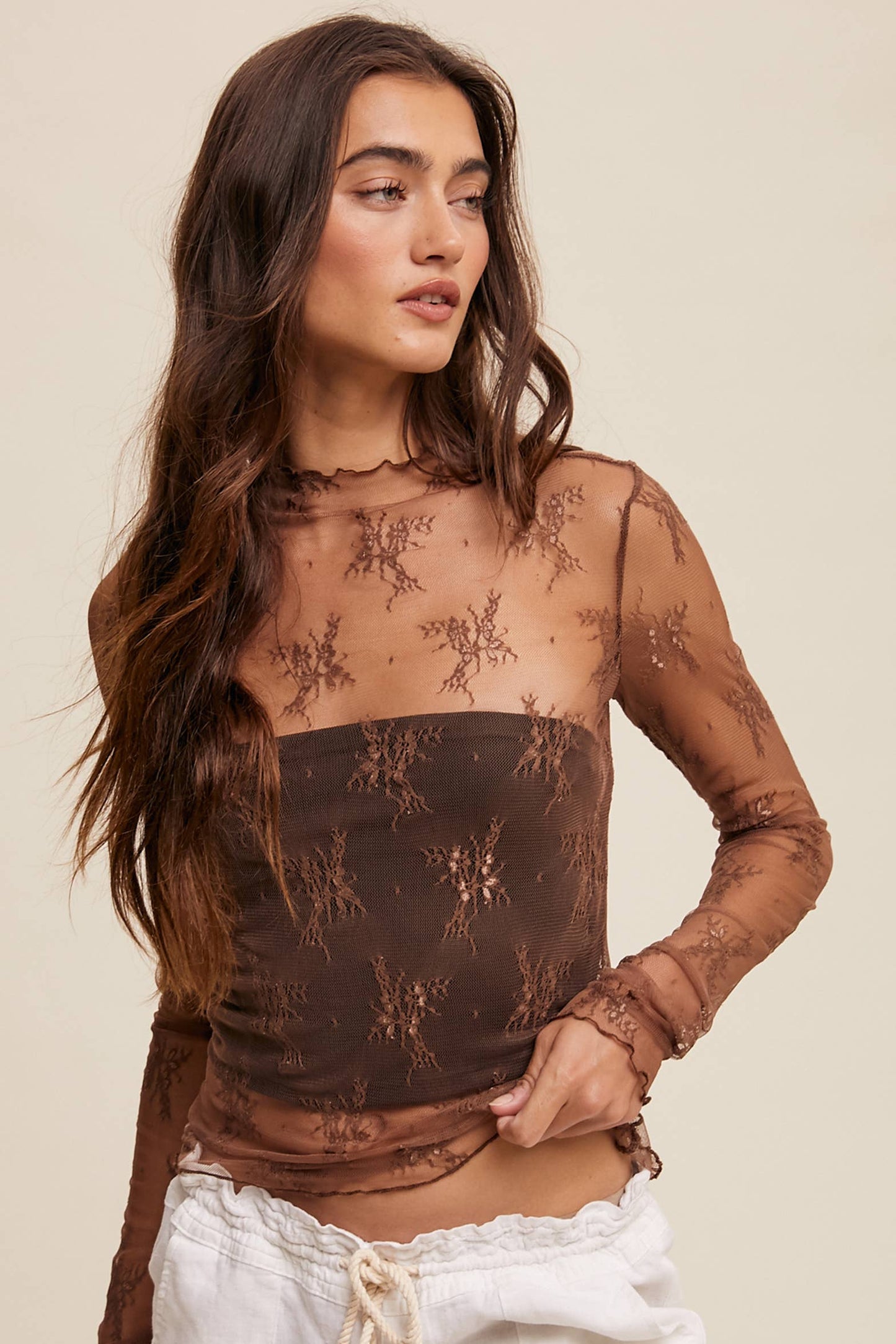 Listicle - Sheer Lace Long-Sleeve Top