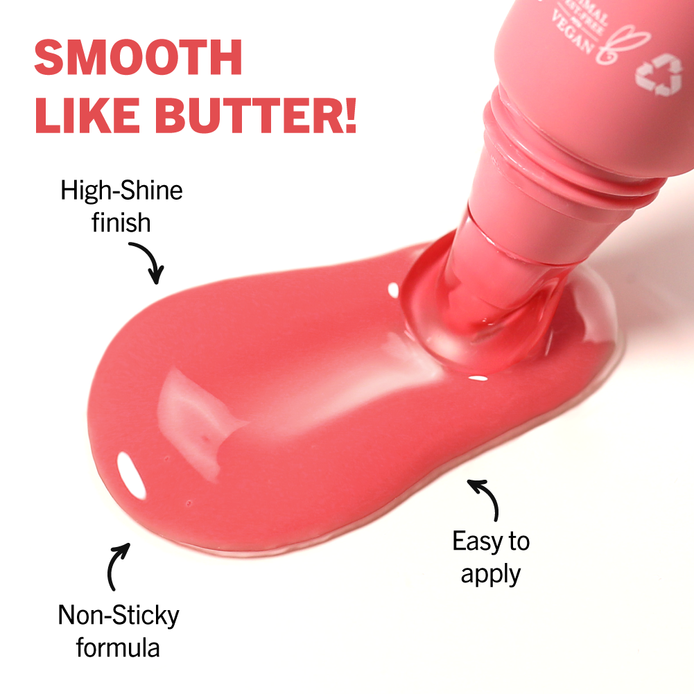 Pink lip balm with text highlighting its features on a white background