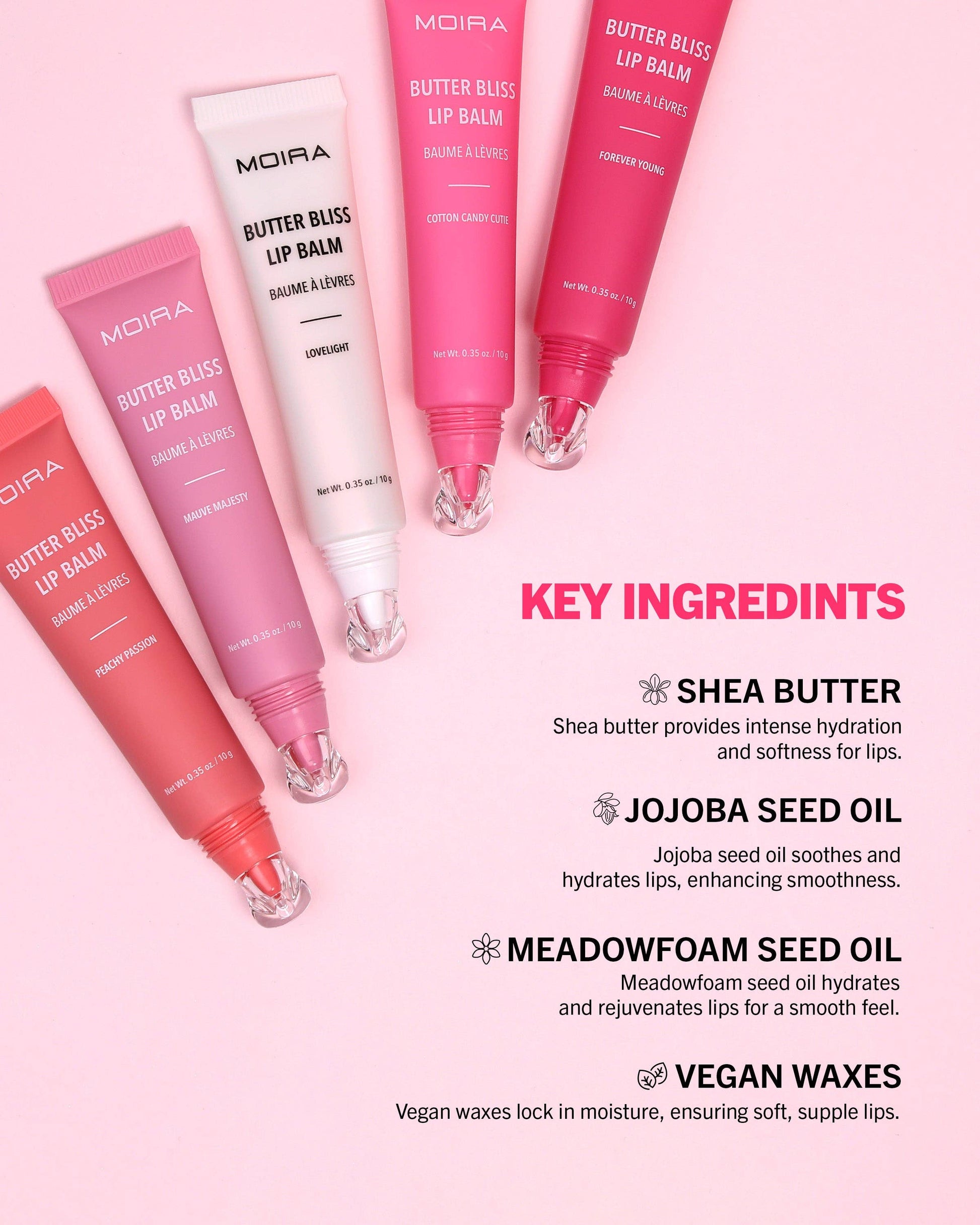 Moira Butter Bliss lip balm tubes on a pink background with key ingredients listed.