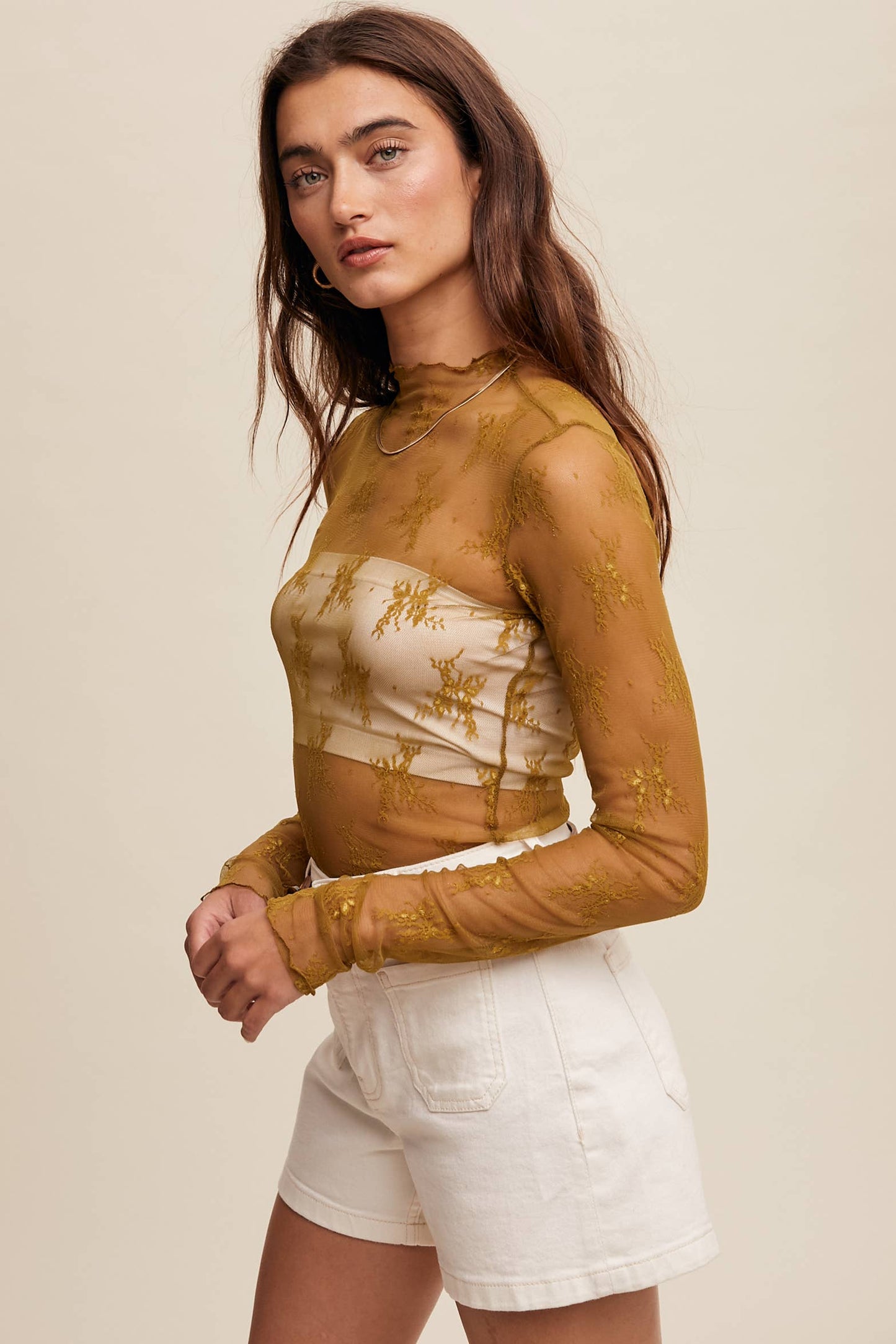 Listicle - Sheer Lace Long-Sleeve Top
