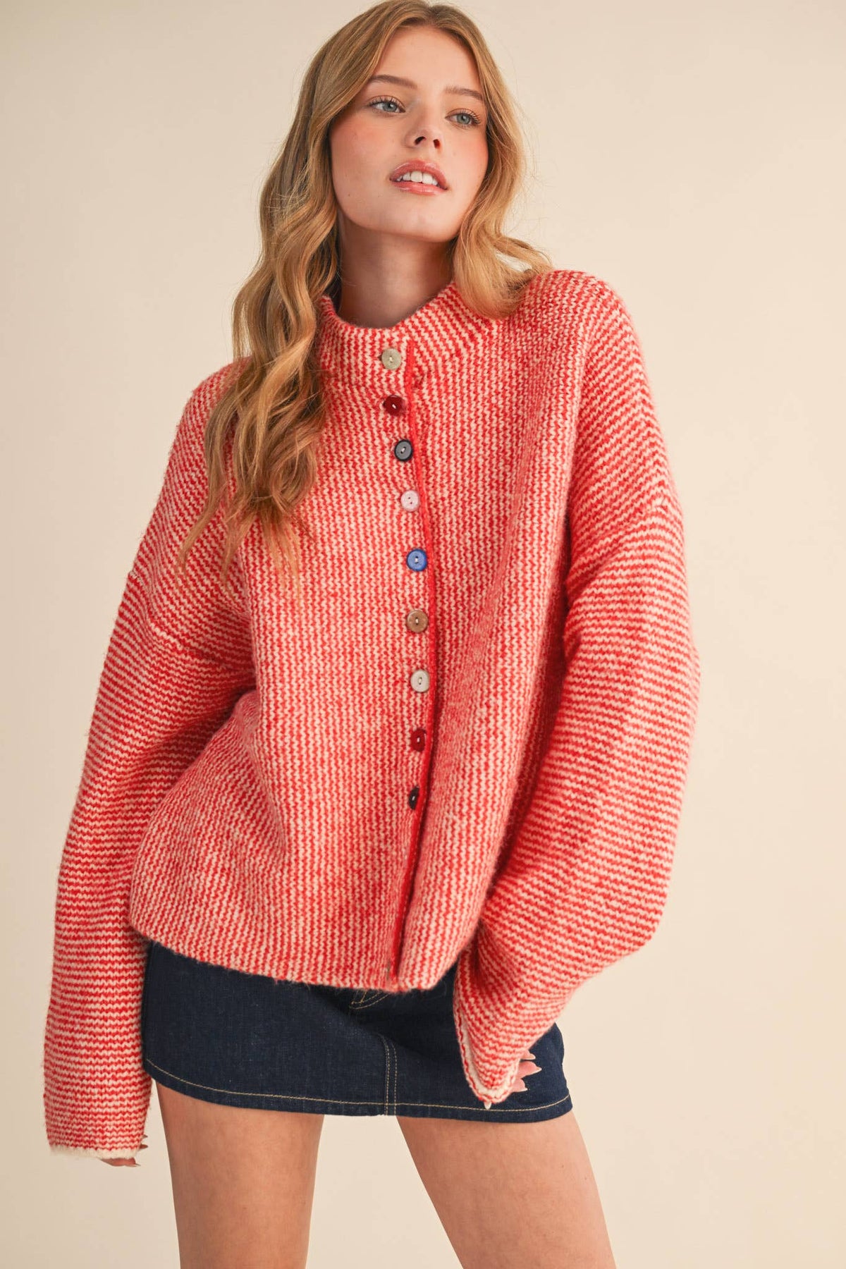 &MERCI - STRIPED SWEATER CARDIGAN WITH COLORFUL BUTTONS MSW11250