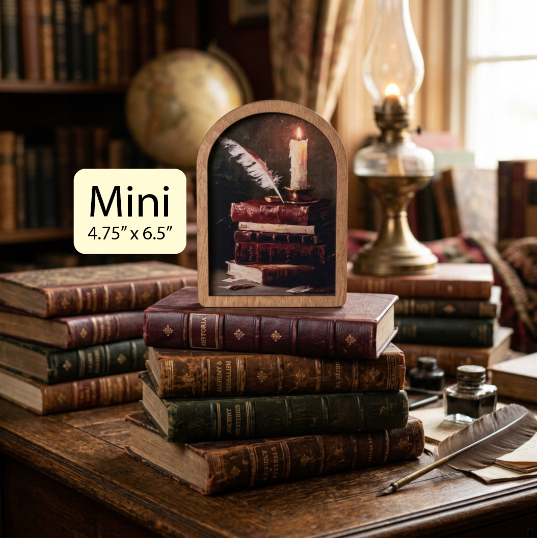 Maci Loo Makings - Arch Frame Art Ghost Book Library | Moody Wood & Canvas