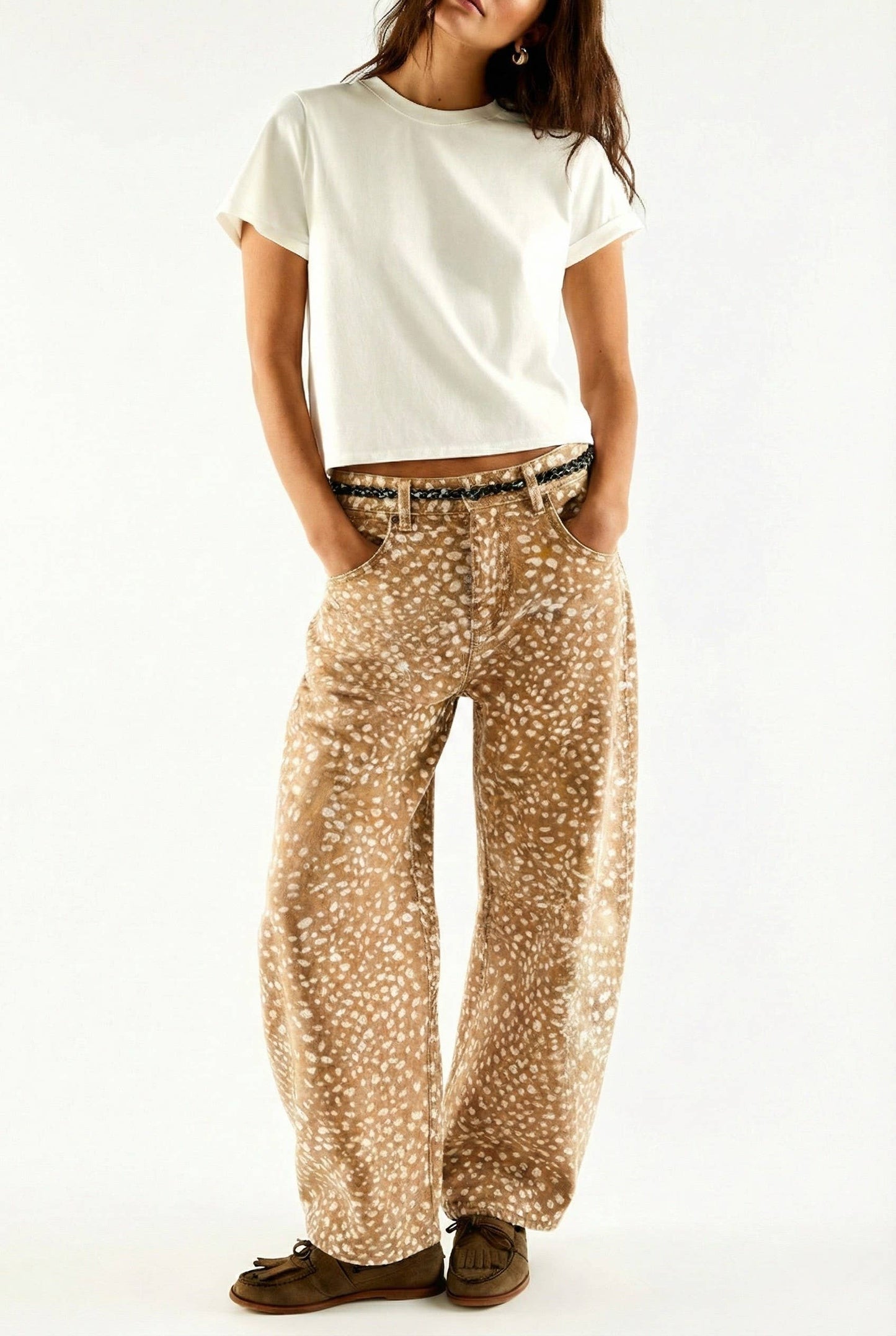 Urban Daizy - Bambi Deer Print Wide Leg Denim Pants