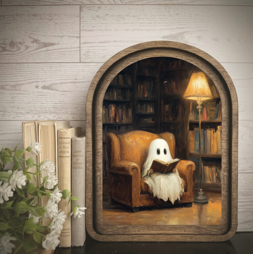 Maci Loo Makings - Arch Frame Art Ghost Book Library | Moody Wood & Canvas