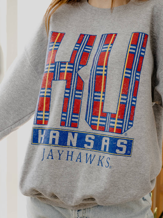 Kansas Jayhawks KU Plaid Sweatshirt – Vintage Oversized Crewneck