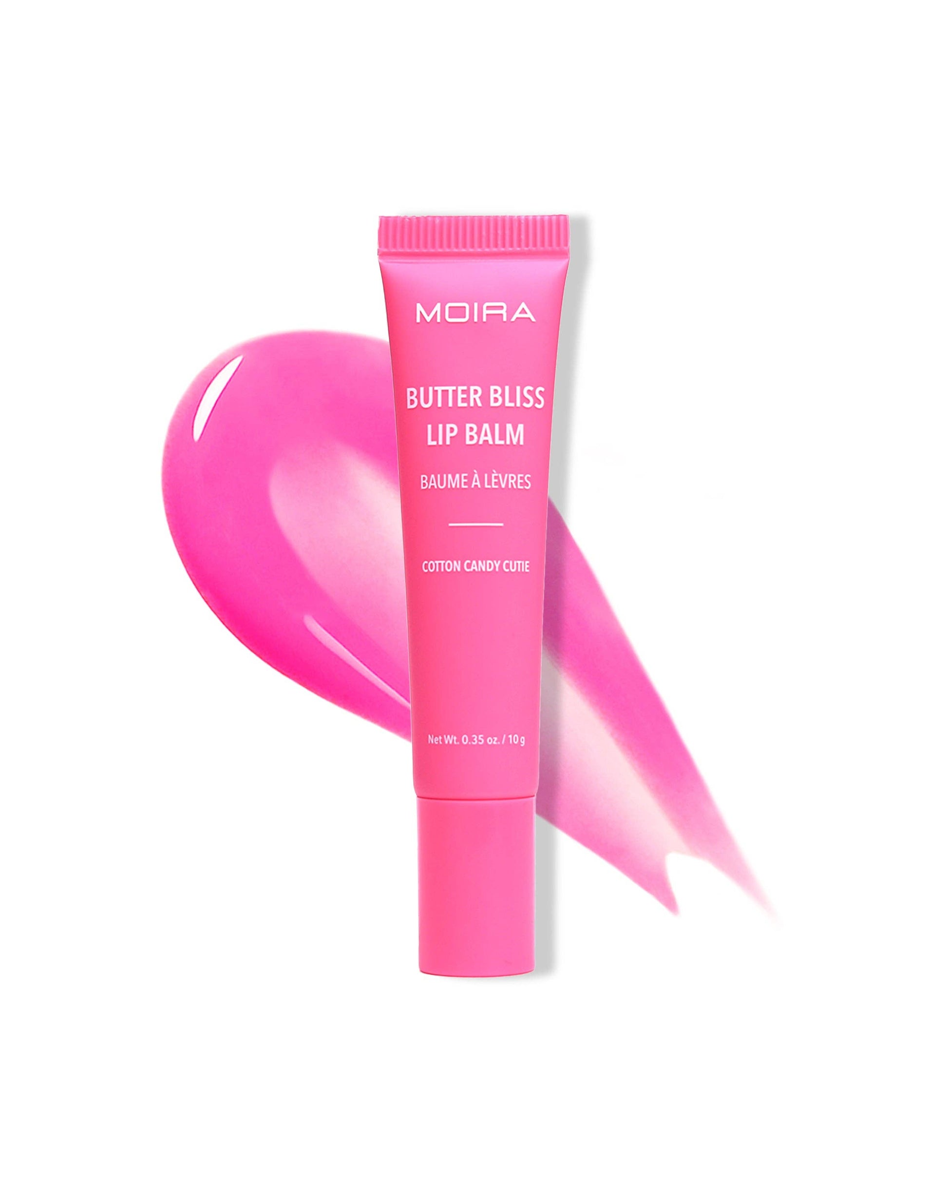 Pink lip balm tube labeled 'Moira Butter Bliss Lip Balm' on a white background