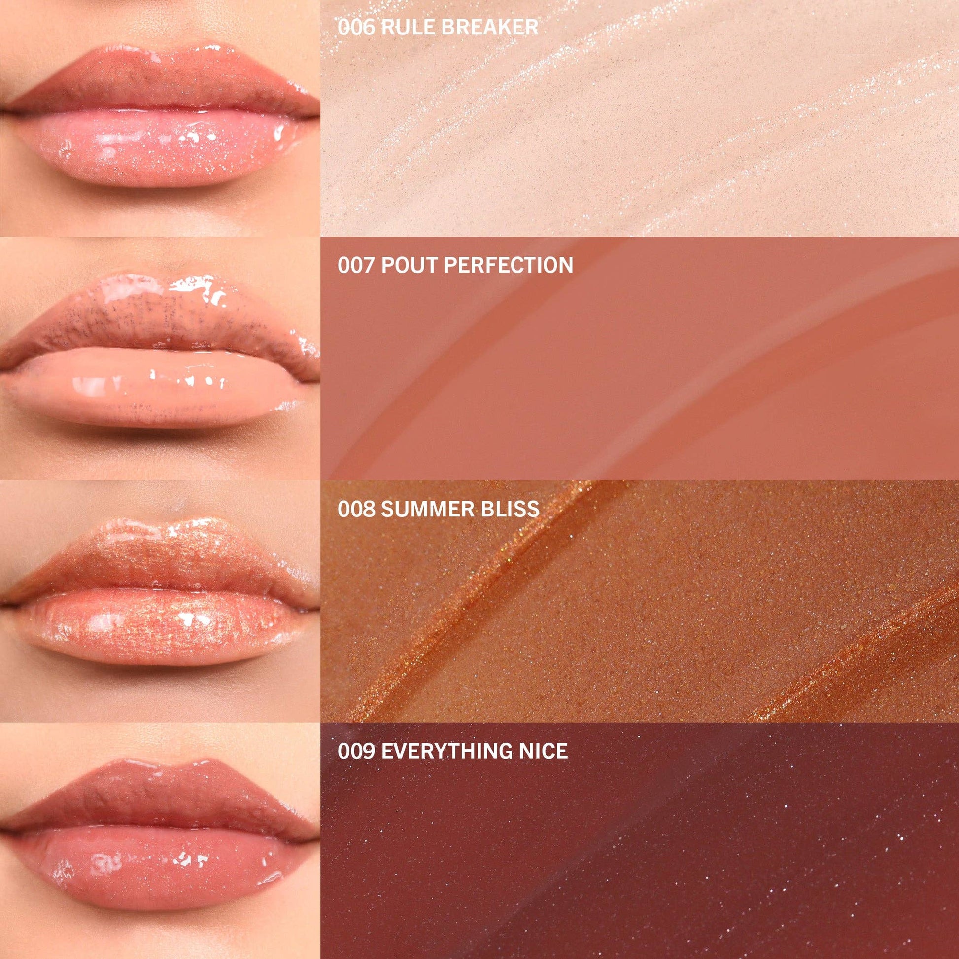 Lipstick color swatches with lip application on a model, labeled '006 Rule Breaker', '007 Pout Perfection', '008 Summer Bliss', and '009 Everything Nice'.