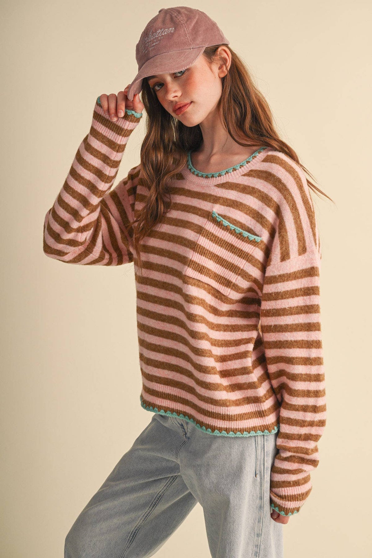 &MERCI - CONTRAST TRIANGLE STITCH STRIPED SWEATER MSW11395