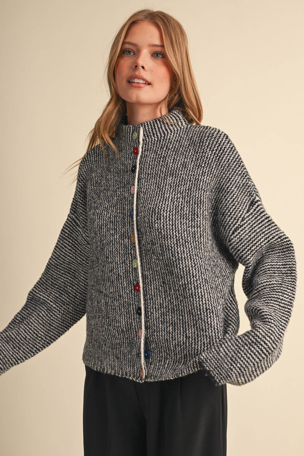 &MERCI - STRIPED SWEATER CARDIGAN WITH COLORFUL BUTTONS MSW11250