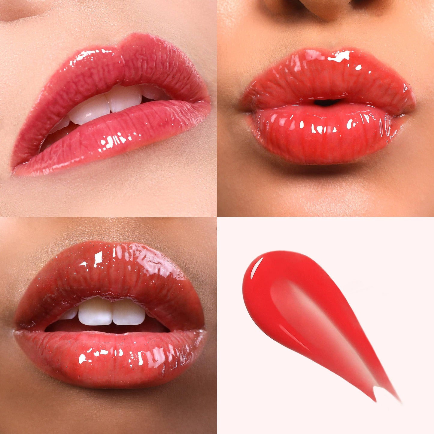 Collage of close-up images of glossy red lips and a droplet of the same color on a white background.
