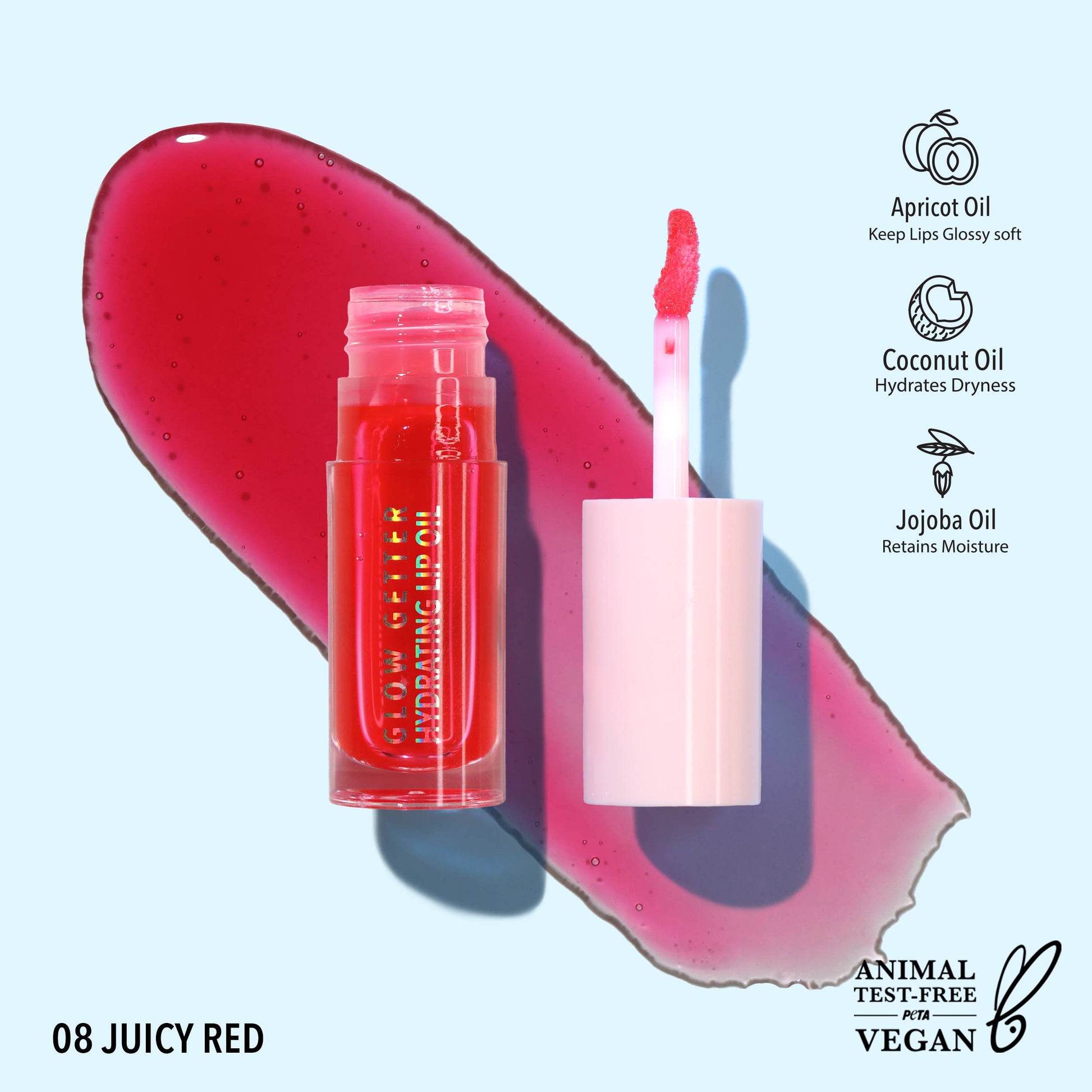 MOIRA Glow Getter Hydrating Lip Oil in Juicy Red with sheer cherry red tint and glass-like glossy finish in clear tube packaging.