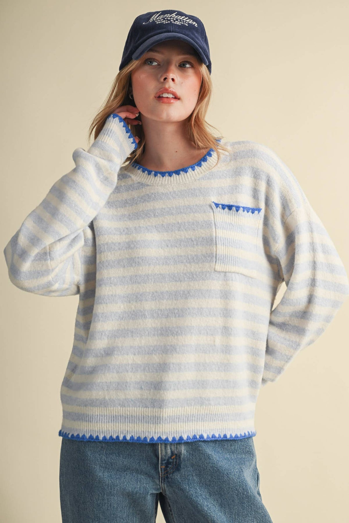 &MERCI - CONTRAST TRIANGLE STITCH STRIPED SWEATER MSW11395