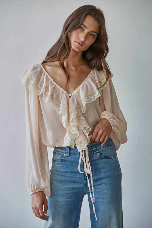 Sheer lace ruffle blouse with V neckline and long sleeves
