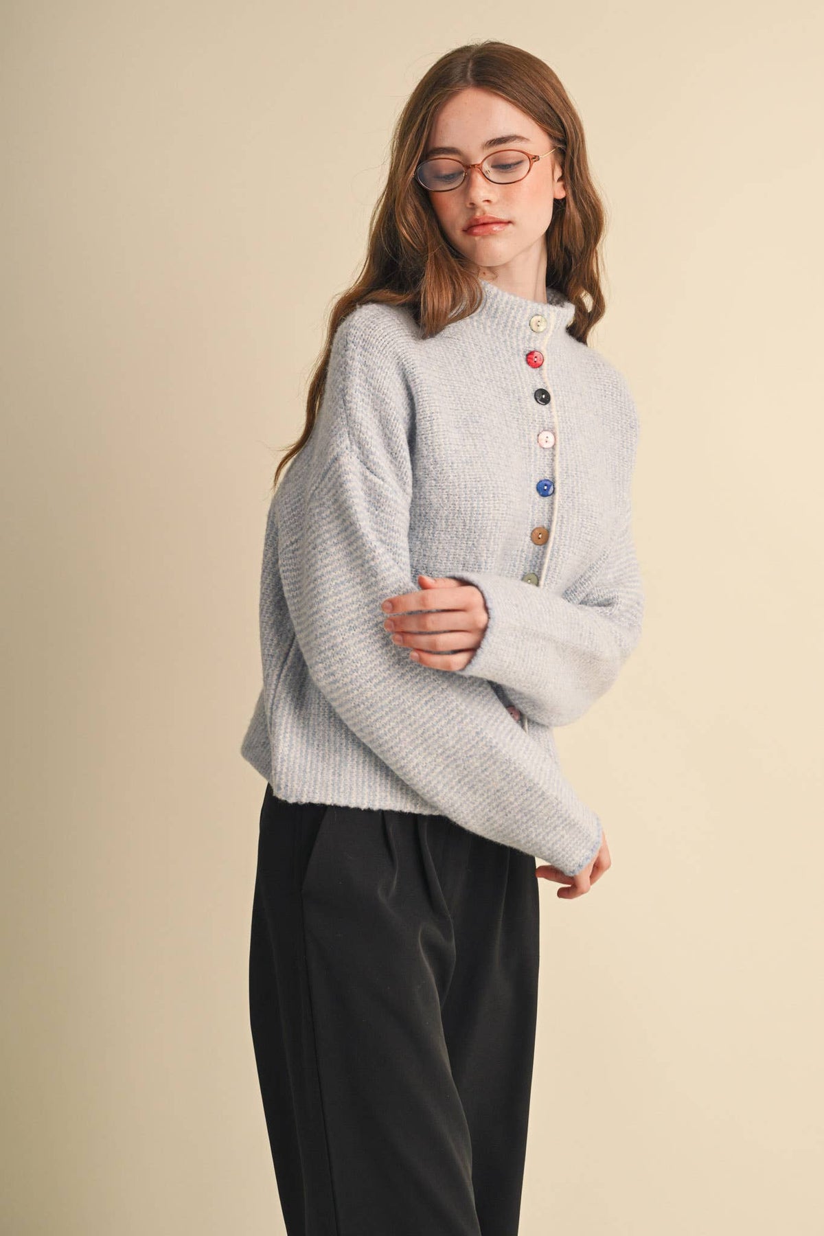 &MERCI - STRIPED SWEATER CARDIGAN WITH COLORFUL BUTTONS MSW11250