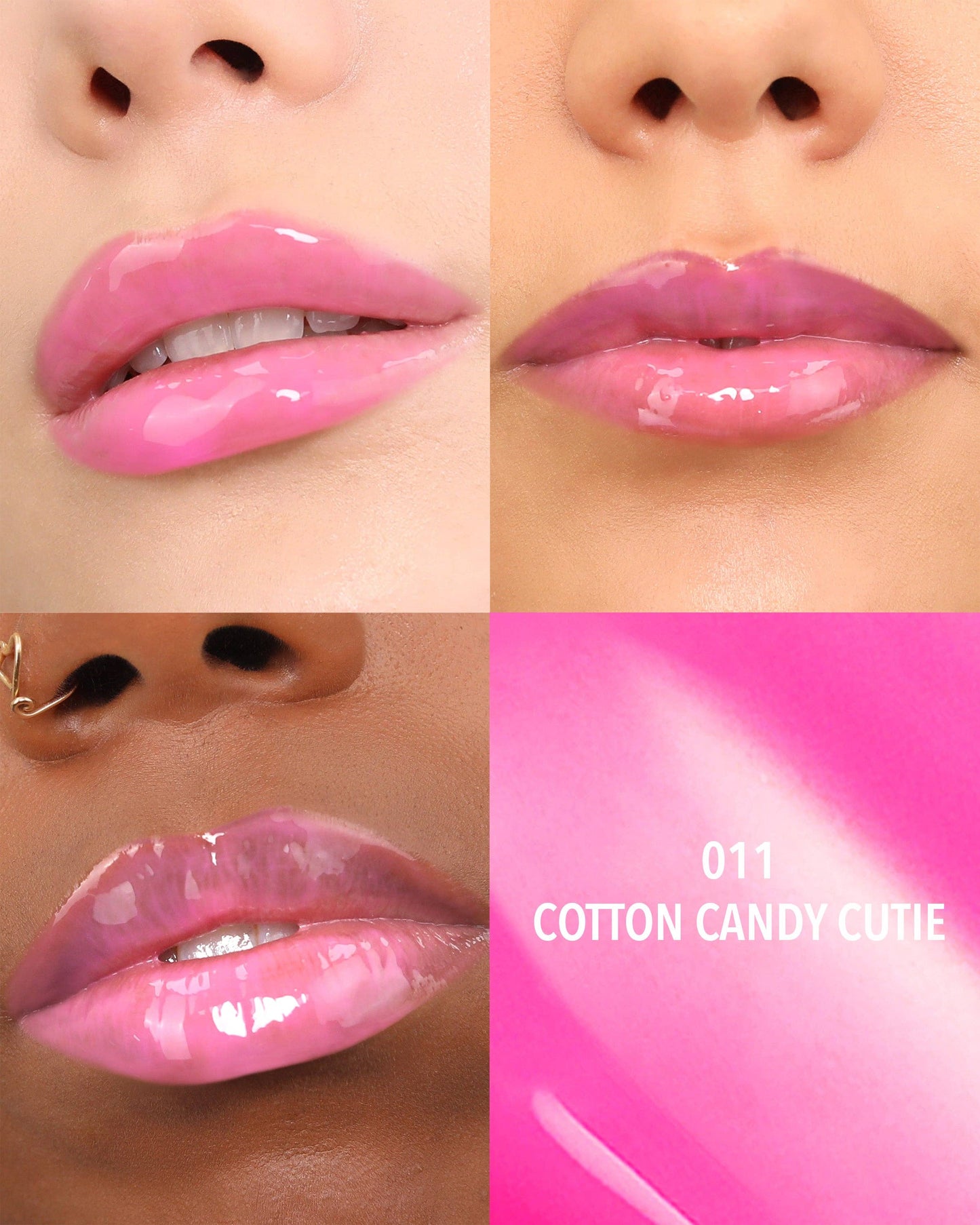 Close-up of lips wearing pink lipstick with a color swatch labeled 'Cotton Candy Cutie'.