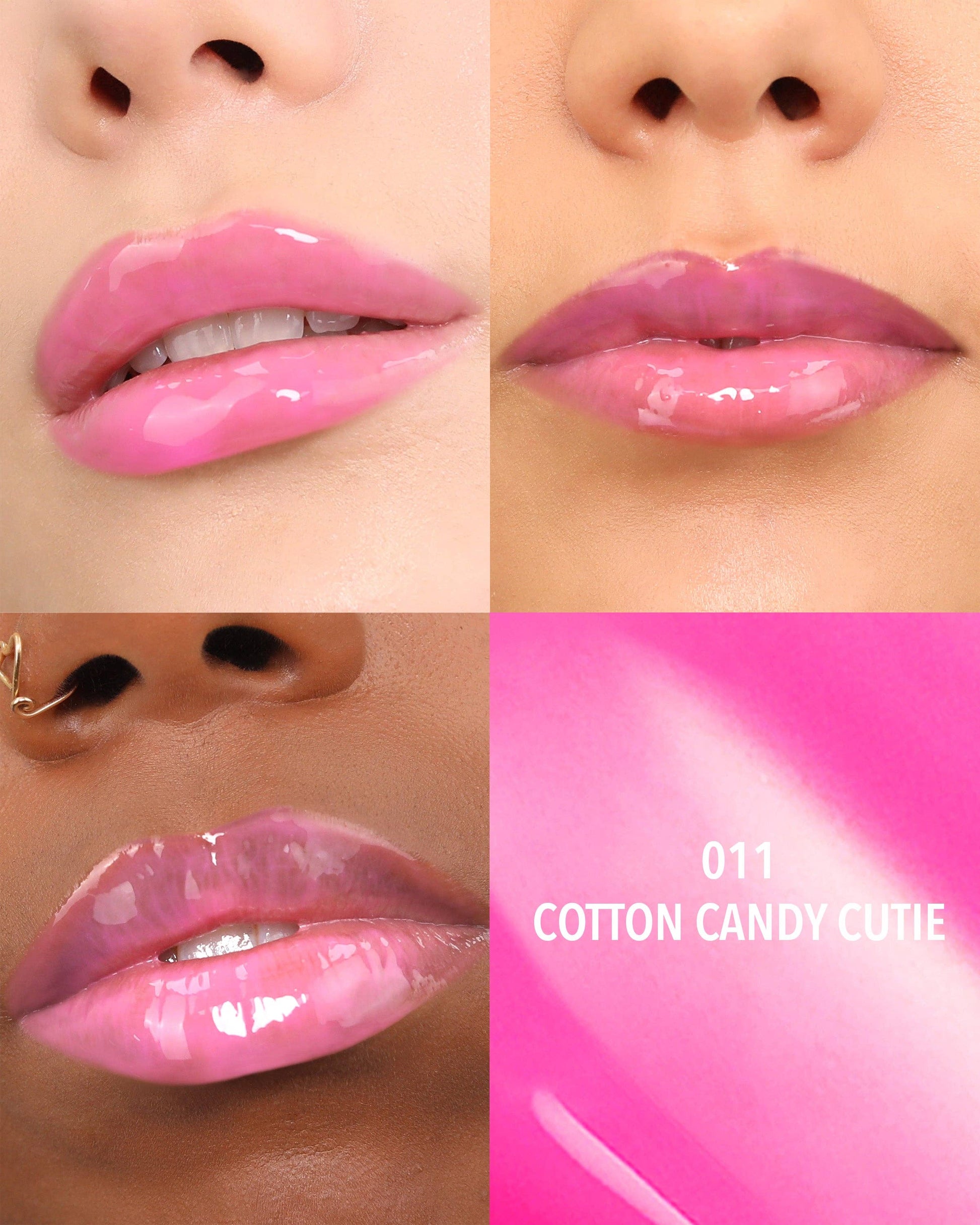 Close-up of lips wearing pink lipstick with a color swatch labeled 'Cotton Candy Cutie'.