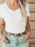 Buckstitch Leaf Tooled Skinny Belt