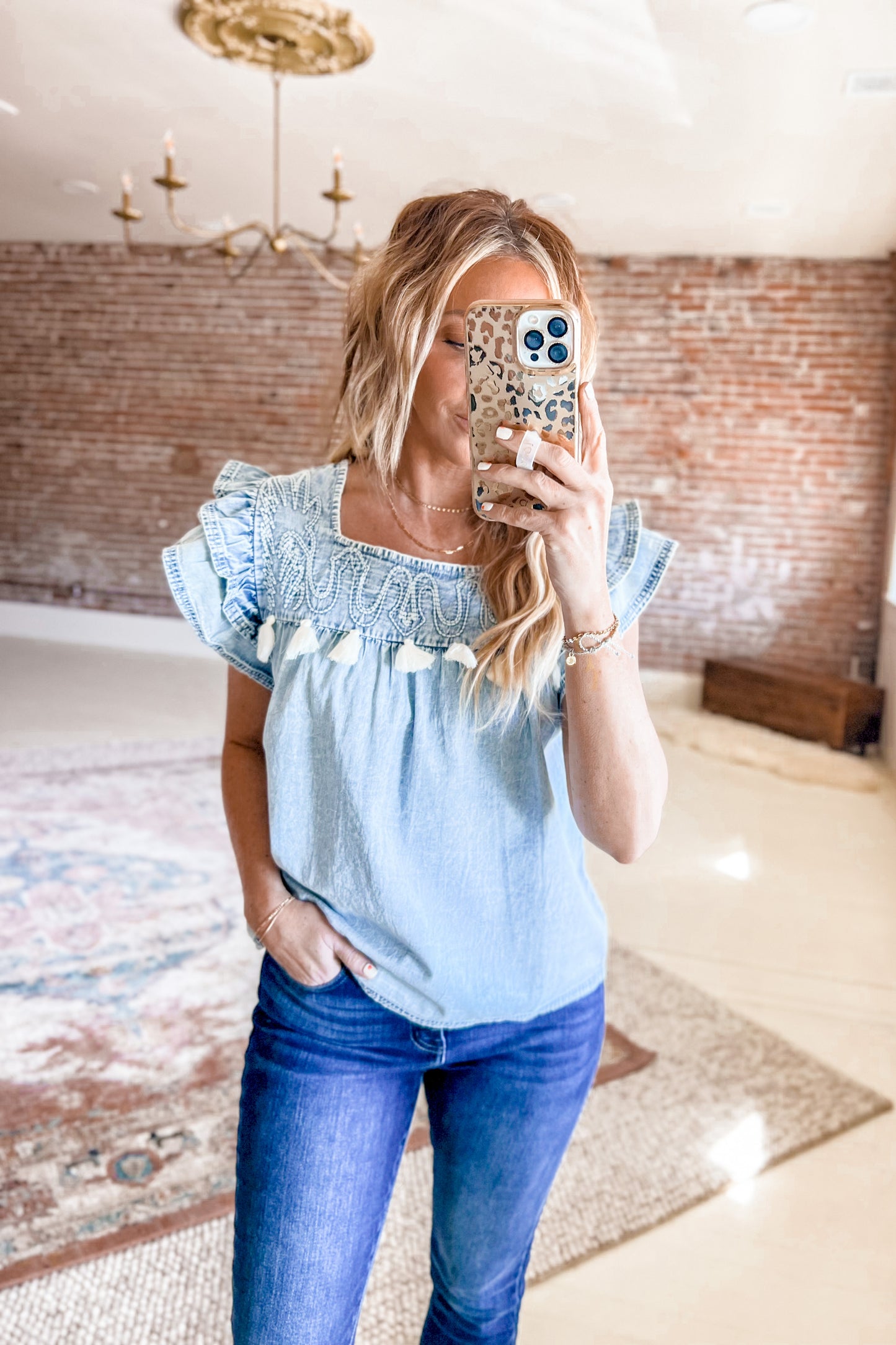 Denim Double Ruffle Top