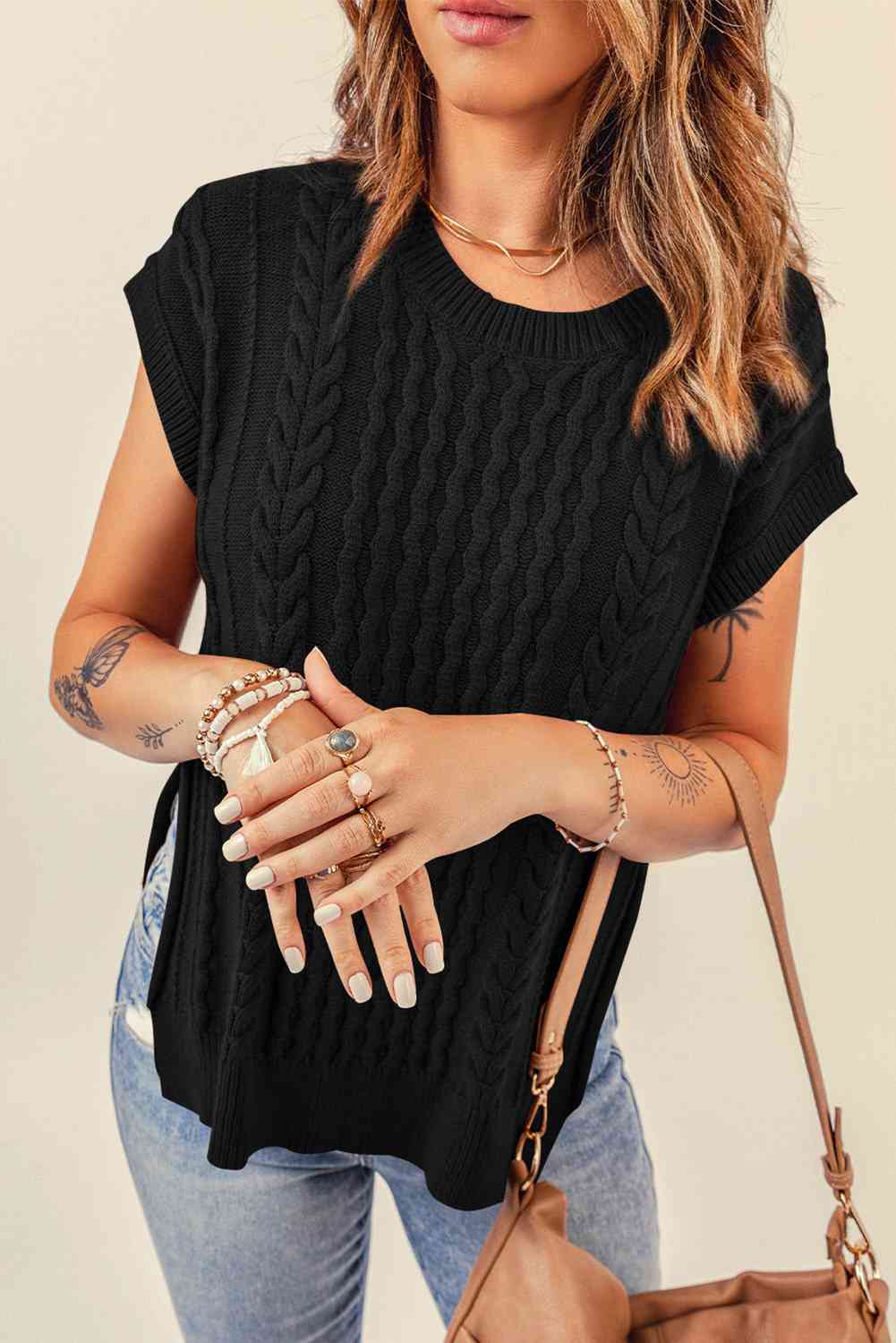 Cable-Knit Side Slit Sleeveless Sweater