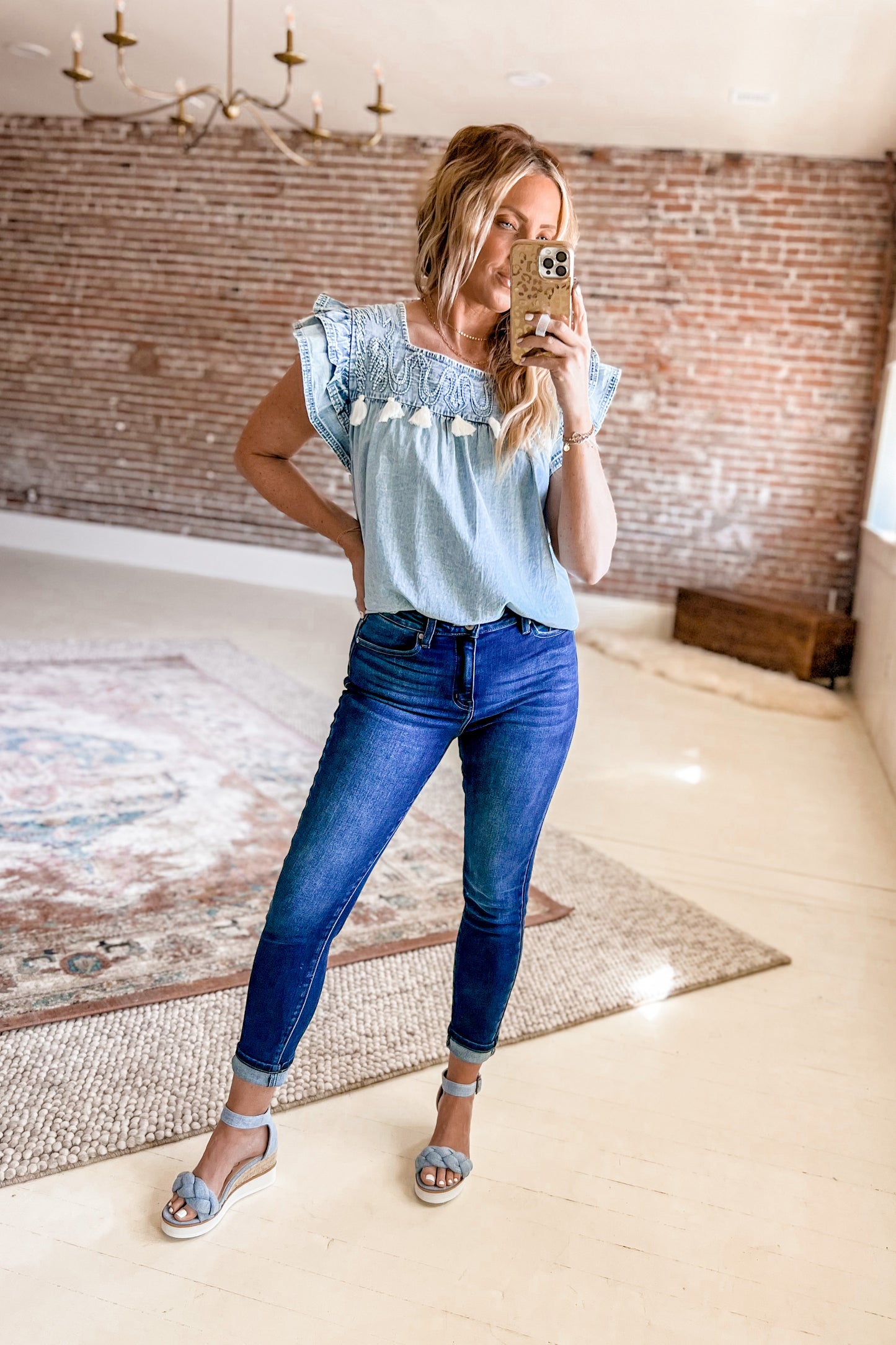 Denim Double Ruffle Top