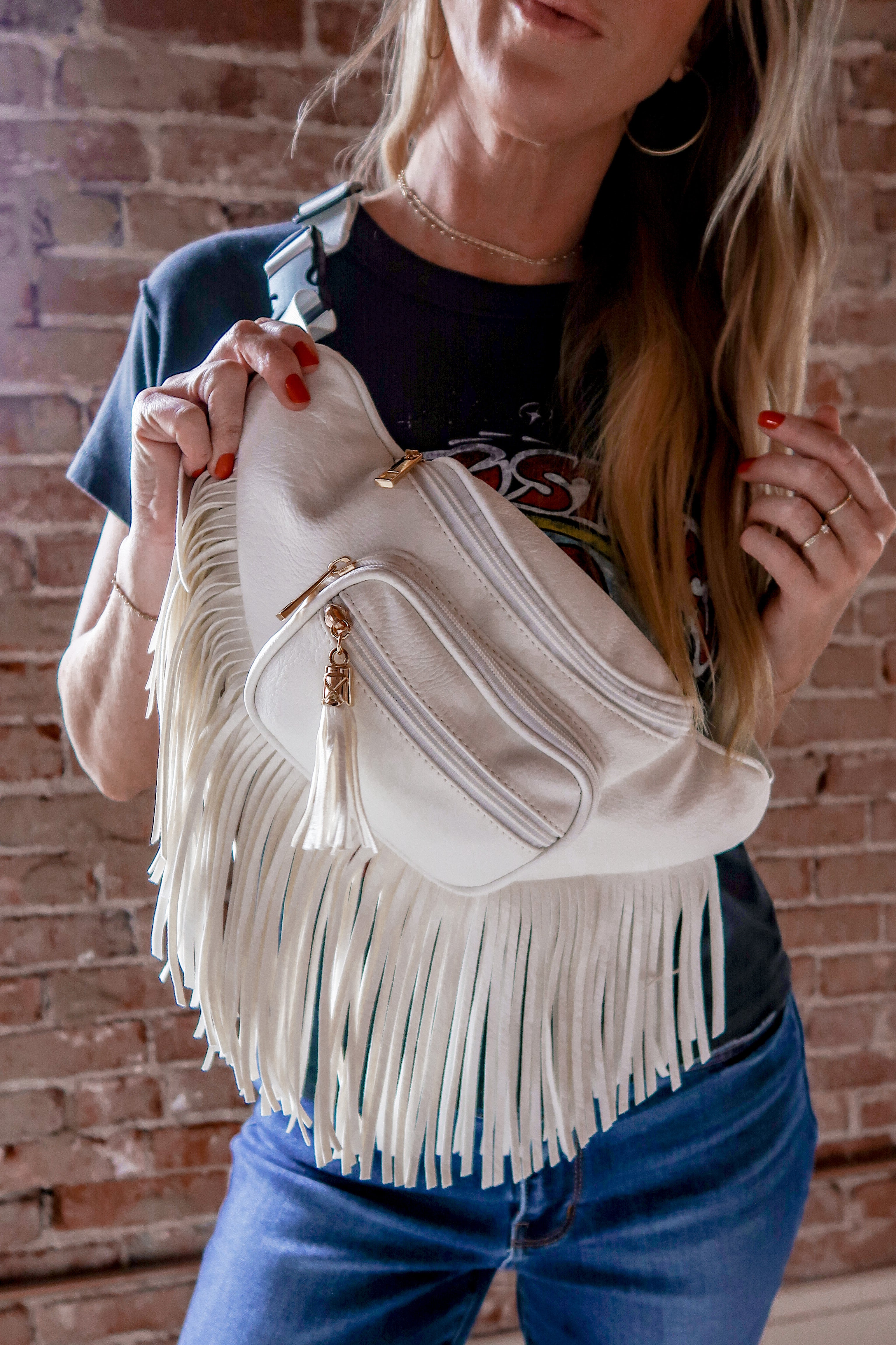 White fringe outlet crossbody bag