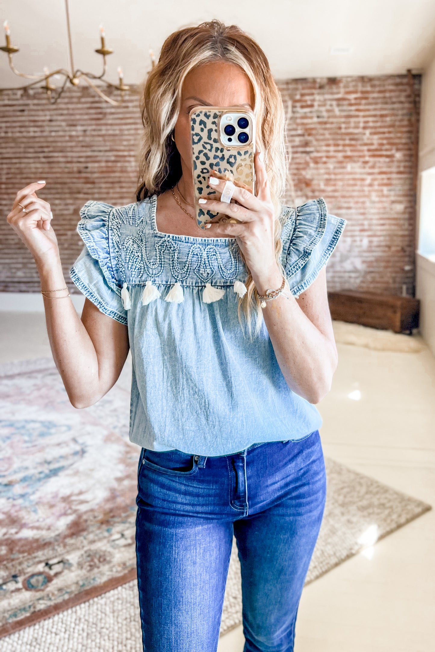 Denim Double Ruffle Top