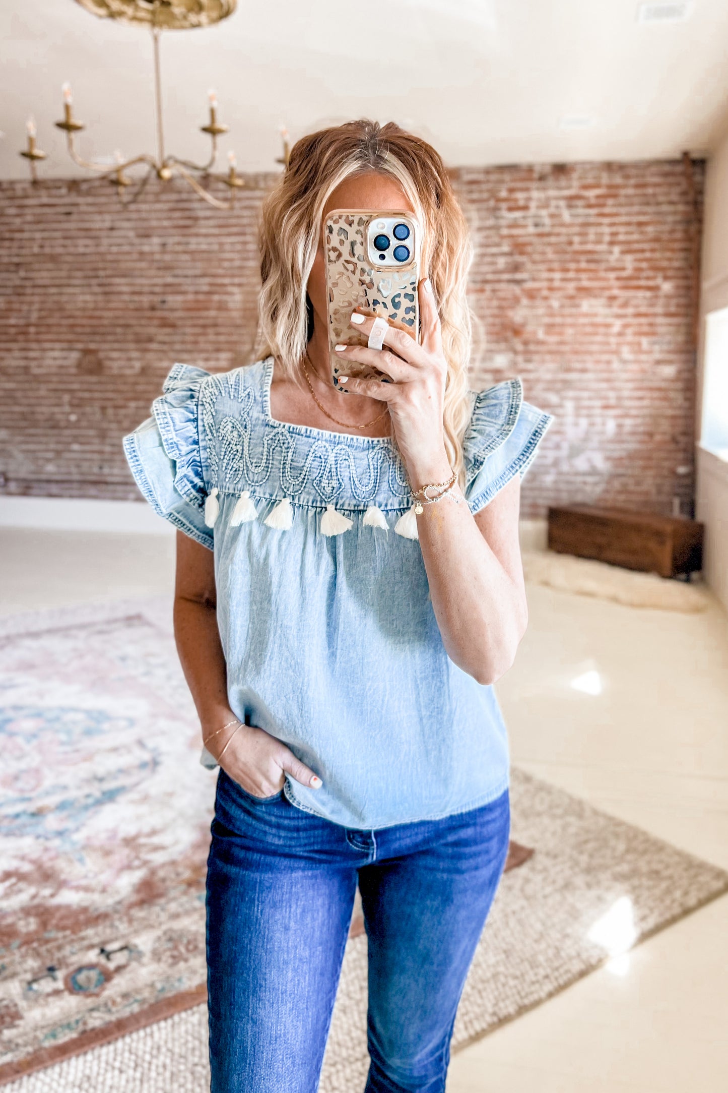 Denim Double Ruffle Top