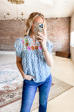 Embroidered & Smocked Top