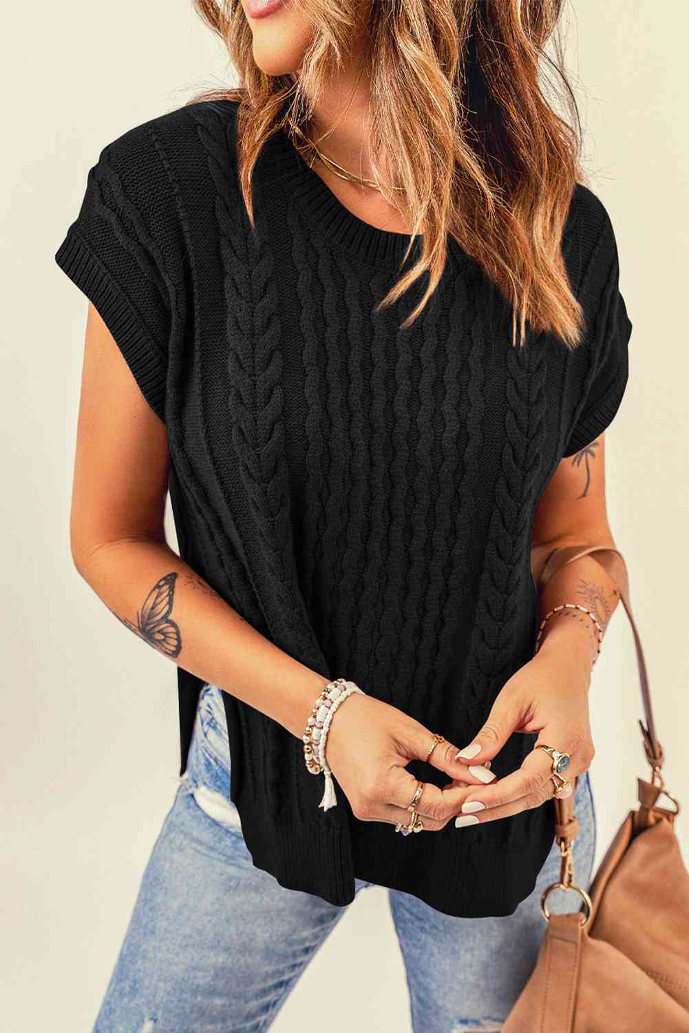 Cable-Knit Side Slit Sleeveless Sweater