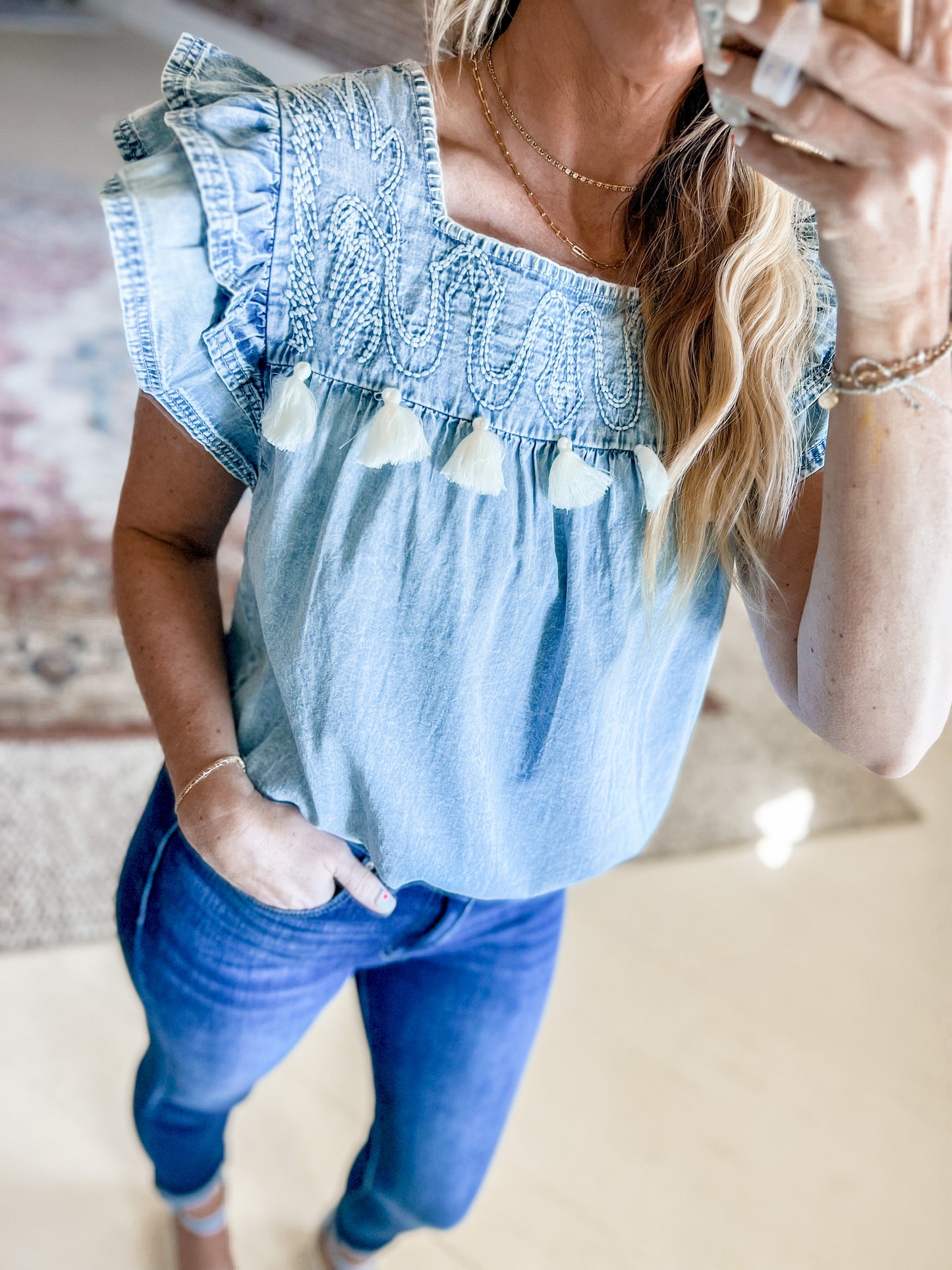 Denim Double Ruffle Top