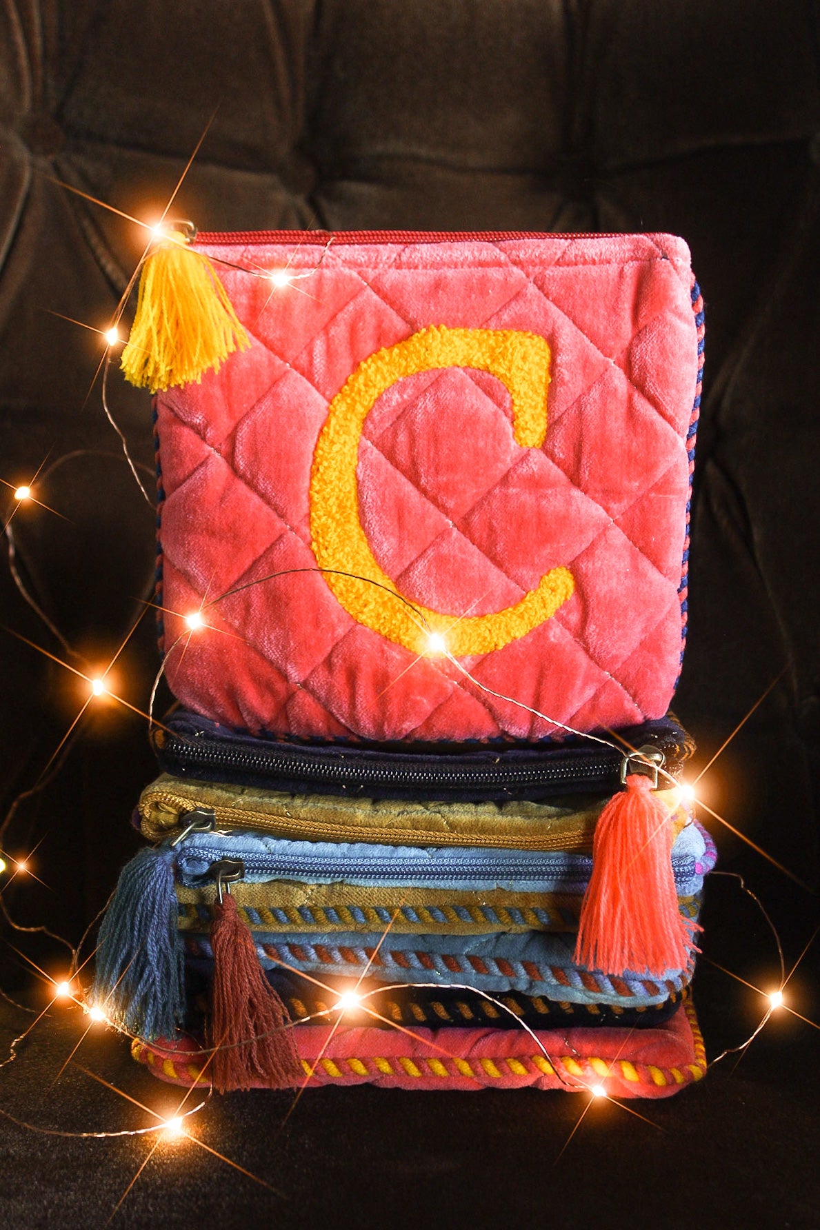 Velour Quilted Initial Bag