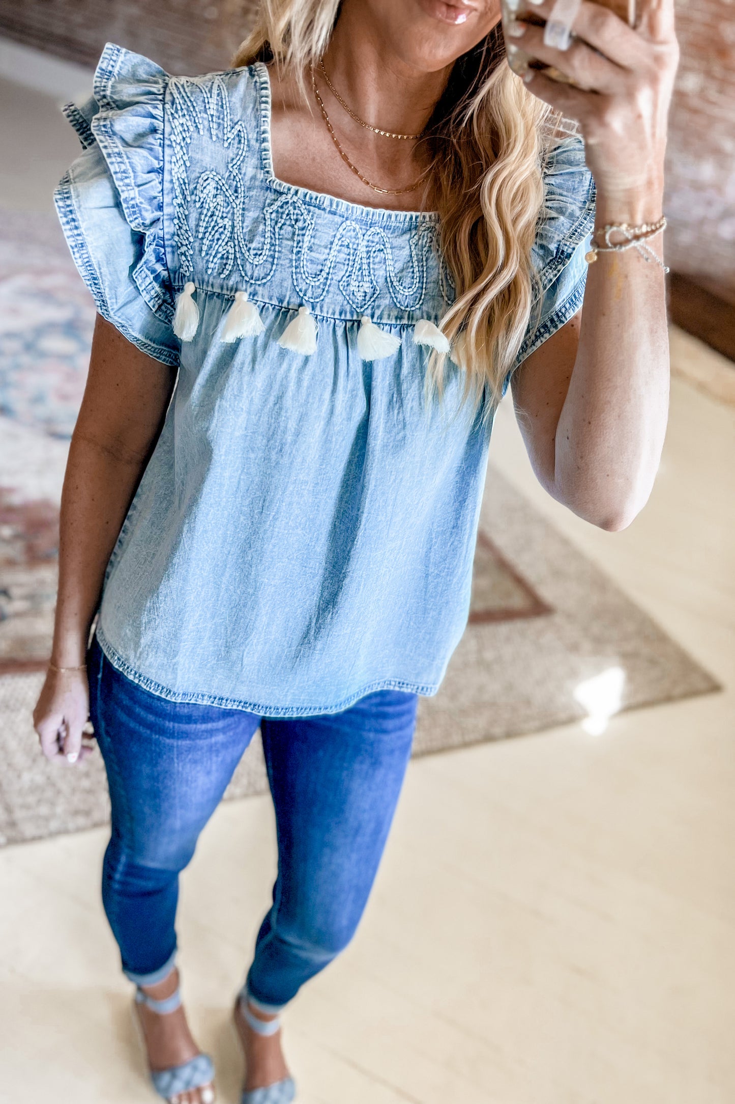 Denim Double Ruffle Top