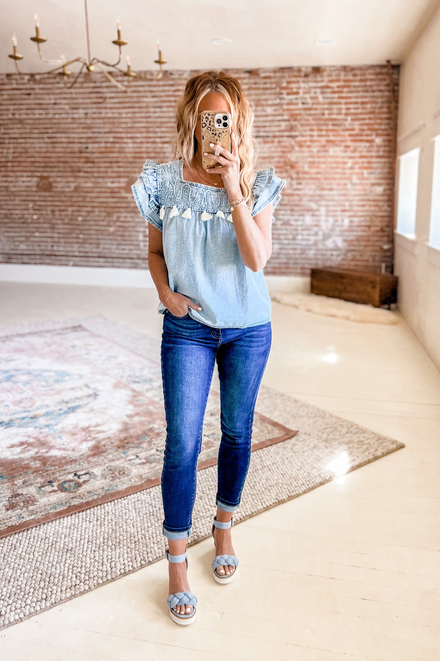 Denim Double Ruffle Top