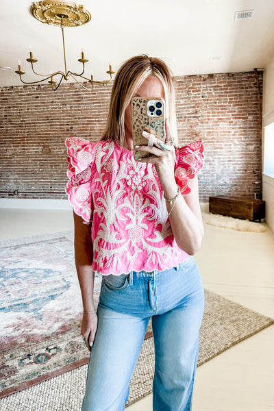 Fancy Embroidered Scallop Sleeve Top