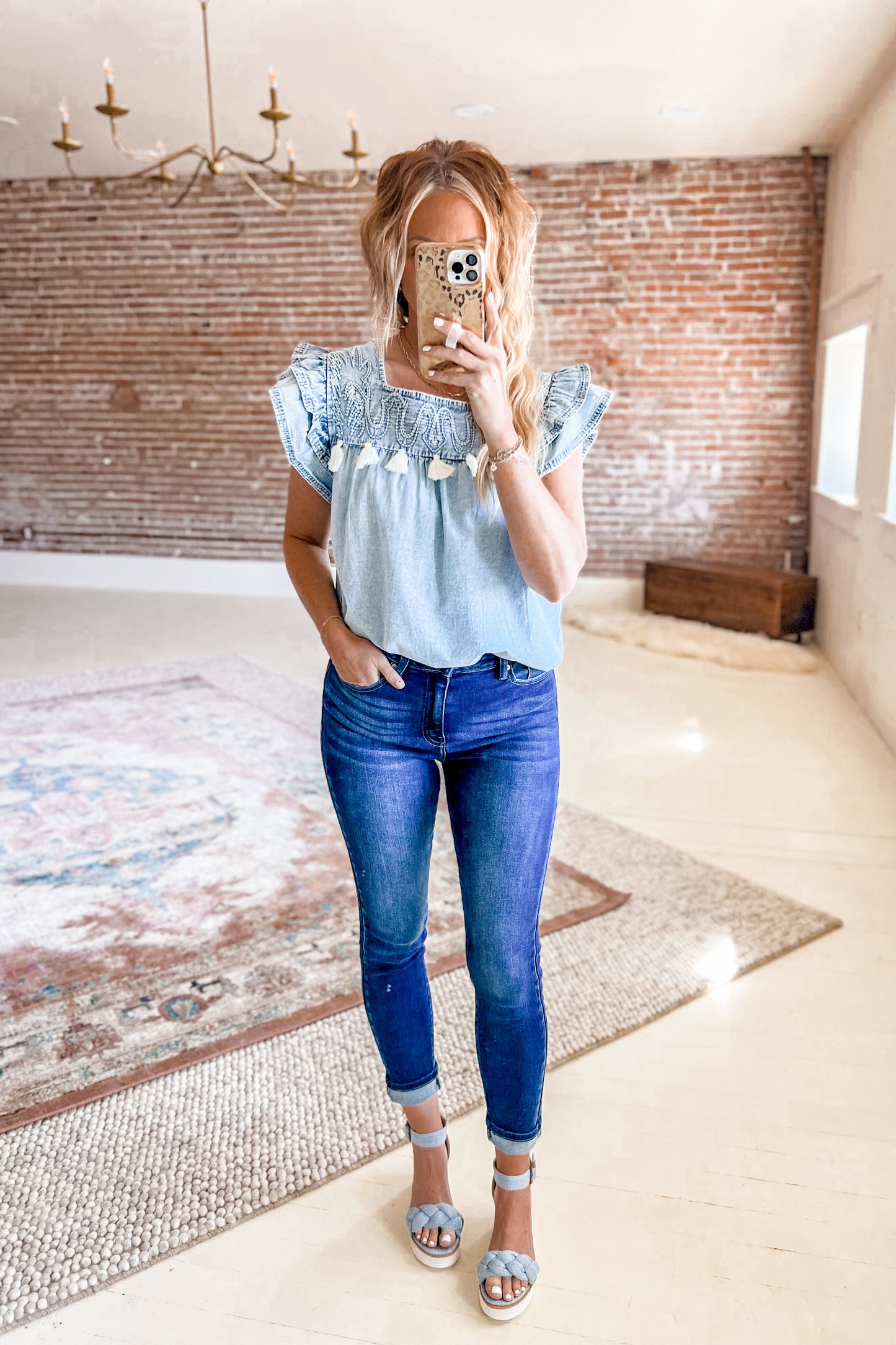 Denim Double Ruffle Top