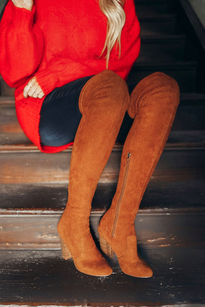 Over the knee tall suede boots for women. High heeled. Camel brown. 