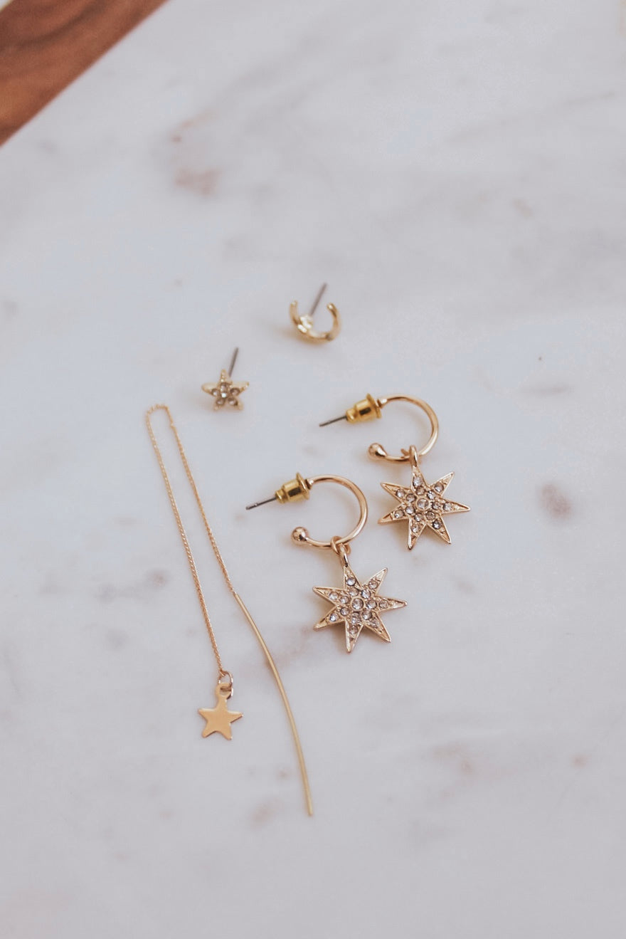 Gold moon + star huggie hoop earrings set