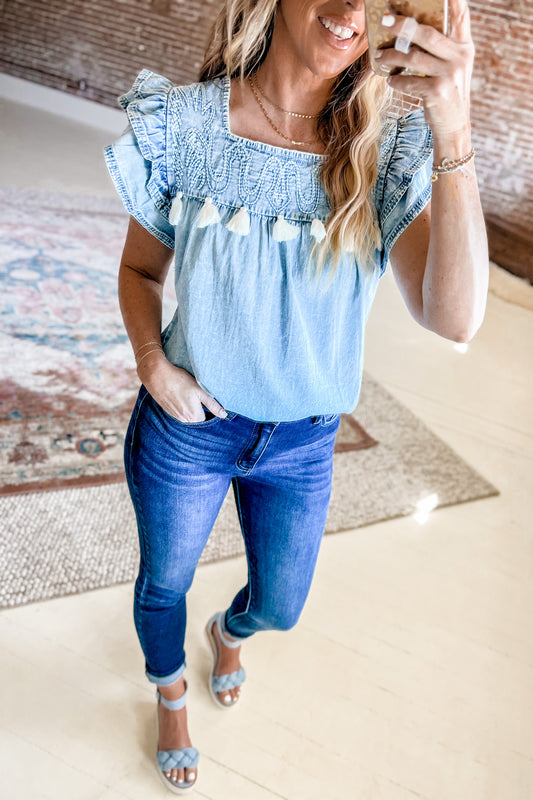 Denim Double Ruffle Top