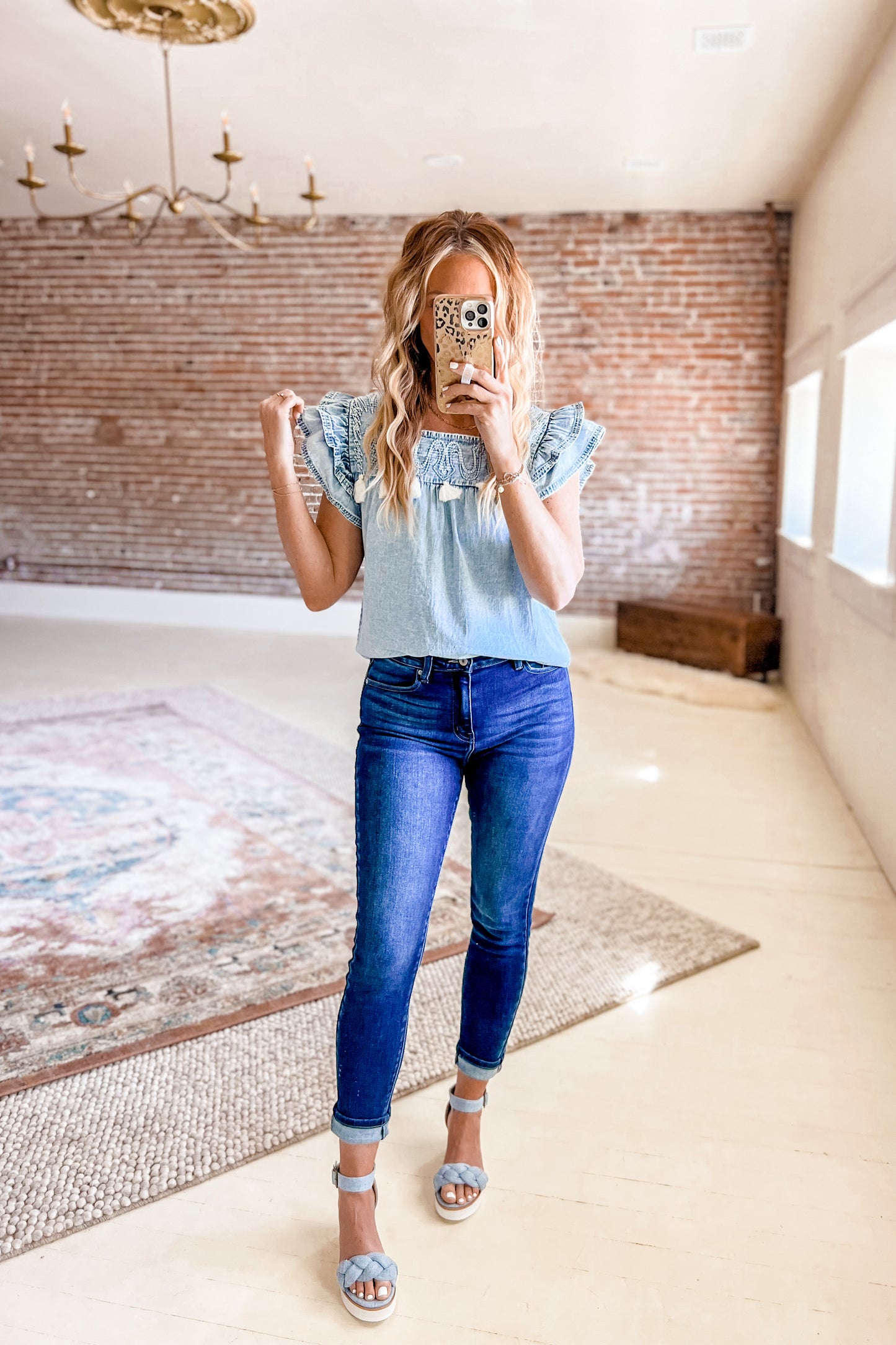 Denim Double Ruffle Top