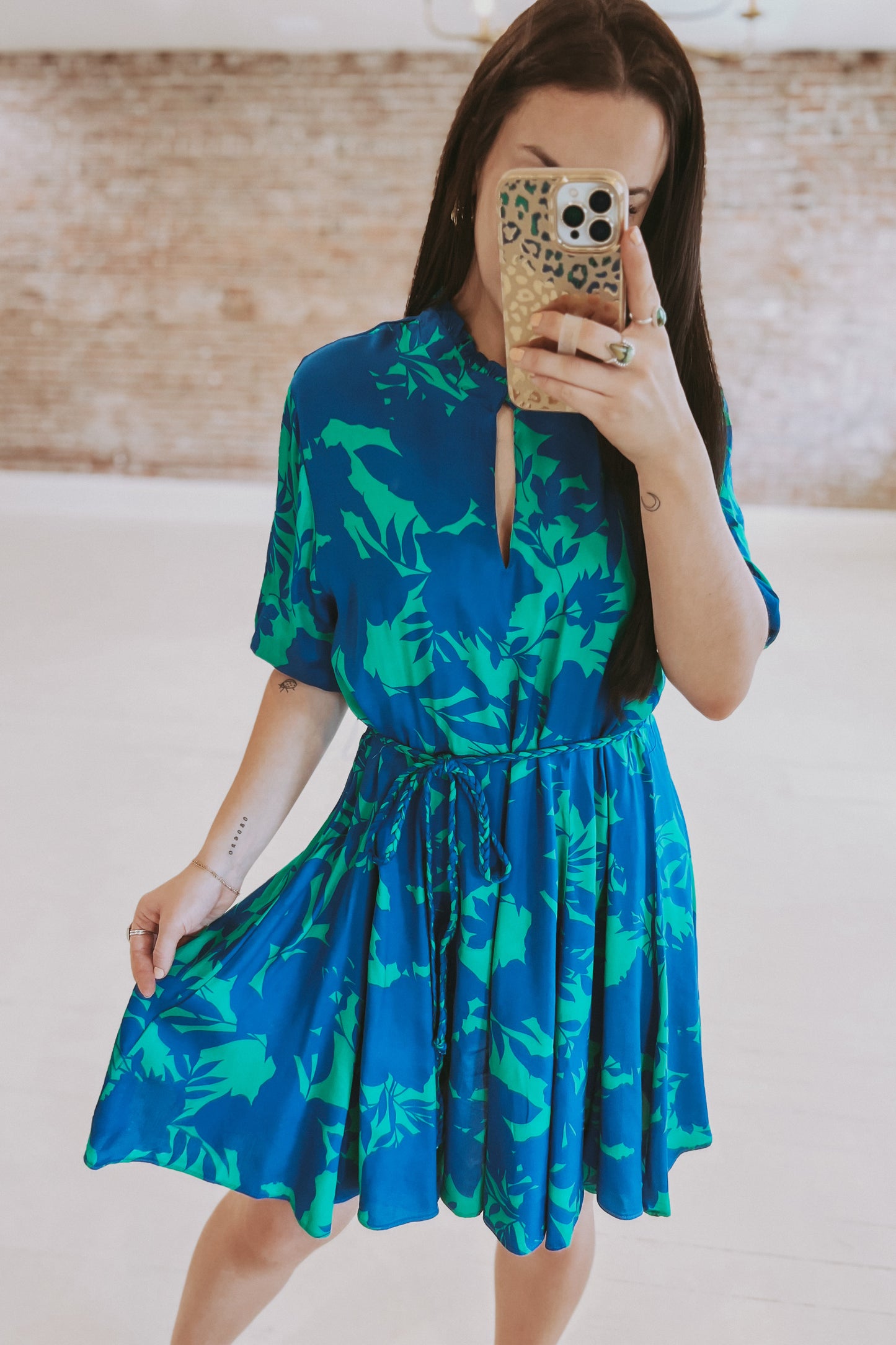 Belted Floral Godet Dress