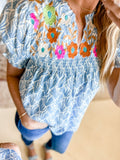 Embroidered & Smocked Top