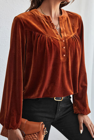 Ruched Velvet Button Notched Blouse