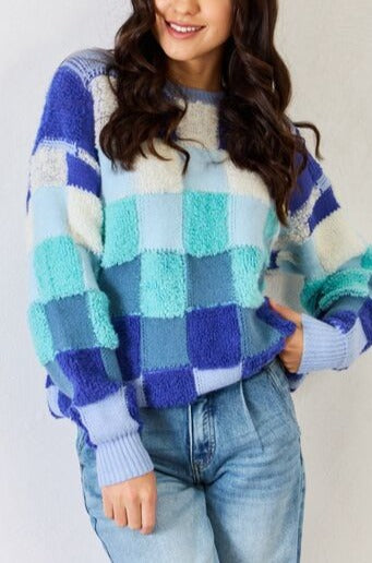 Checkered Round Neck Long Sleeve Sweater