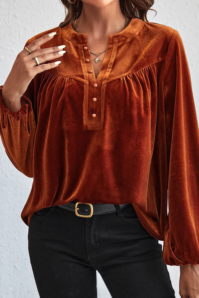 Ruched Velvet Button Notched Blouse